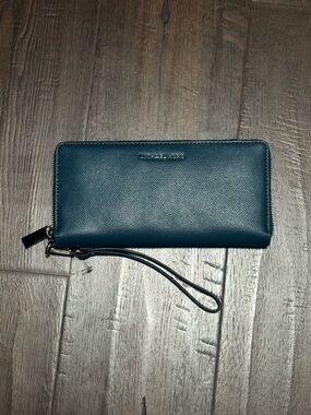 Michael Kors Blue Saffiano Leather Wristlet with Silver Logo
